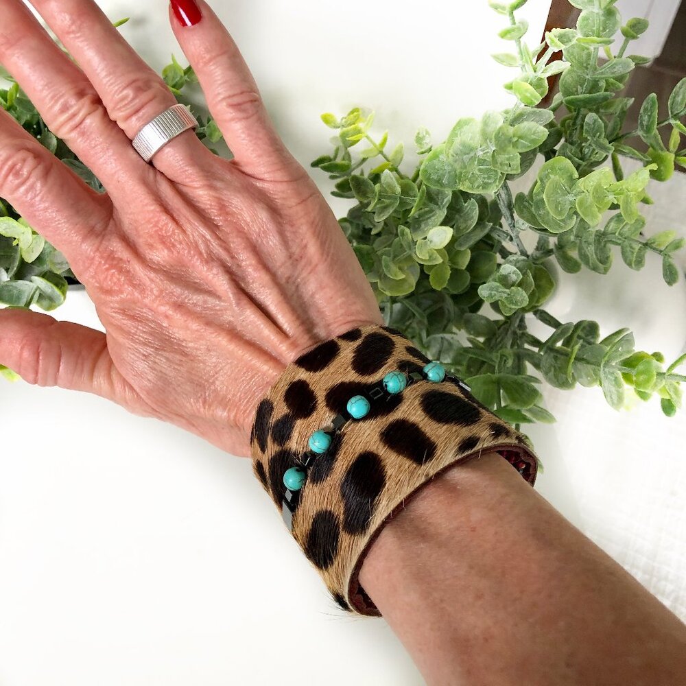 Handmade Mishagirl Beaded Leopard Print Safari Leather Cuff Bracelet